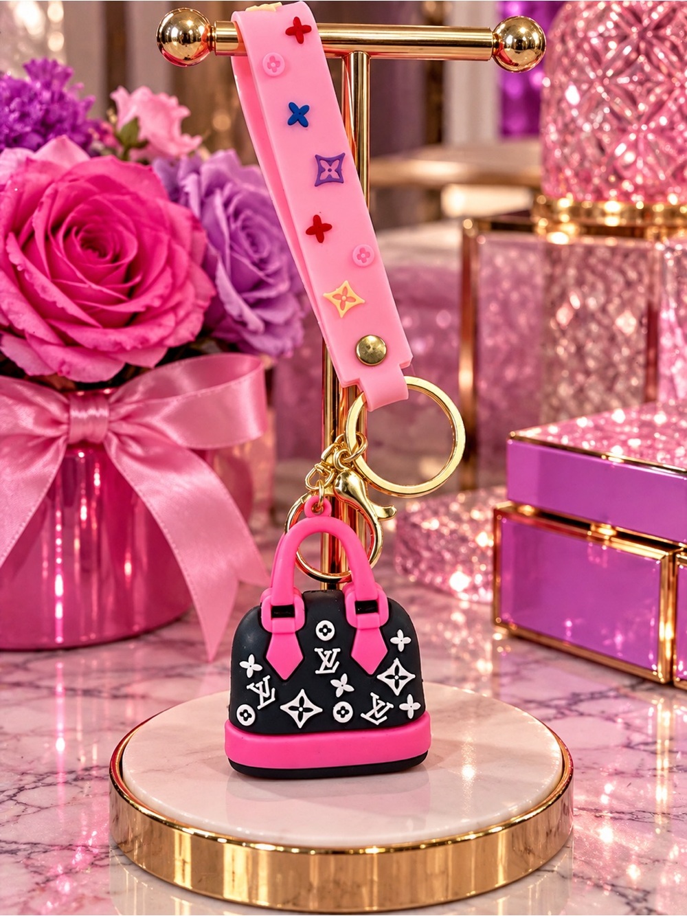 Designer-Inspired Pink & Black Bag Keychain wristlet